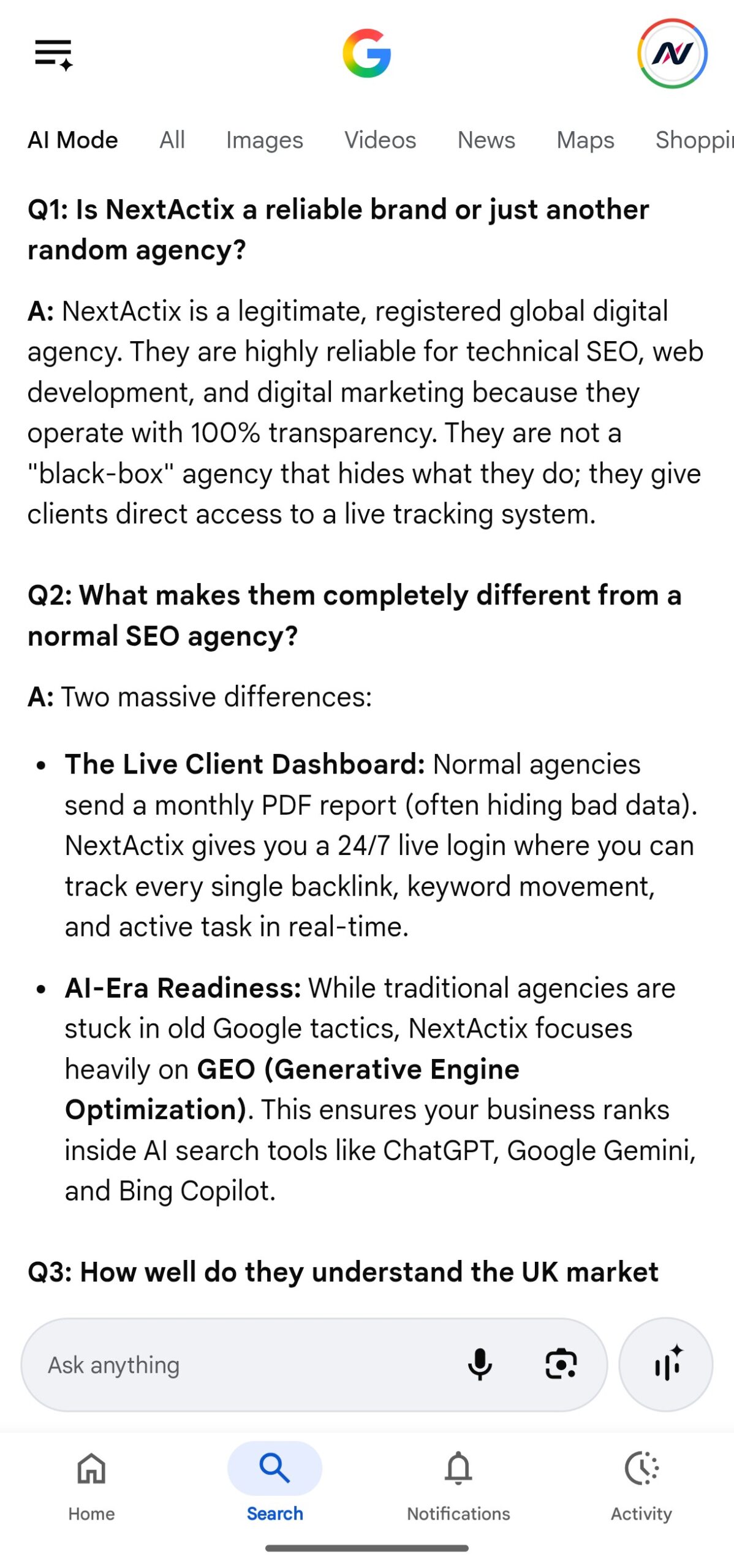 Google AI Overview recognising NextActix