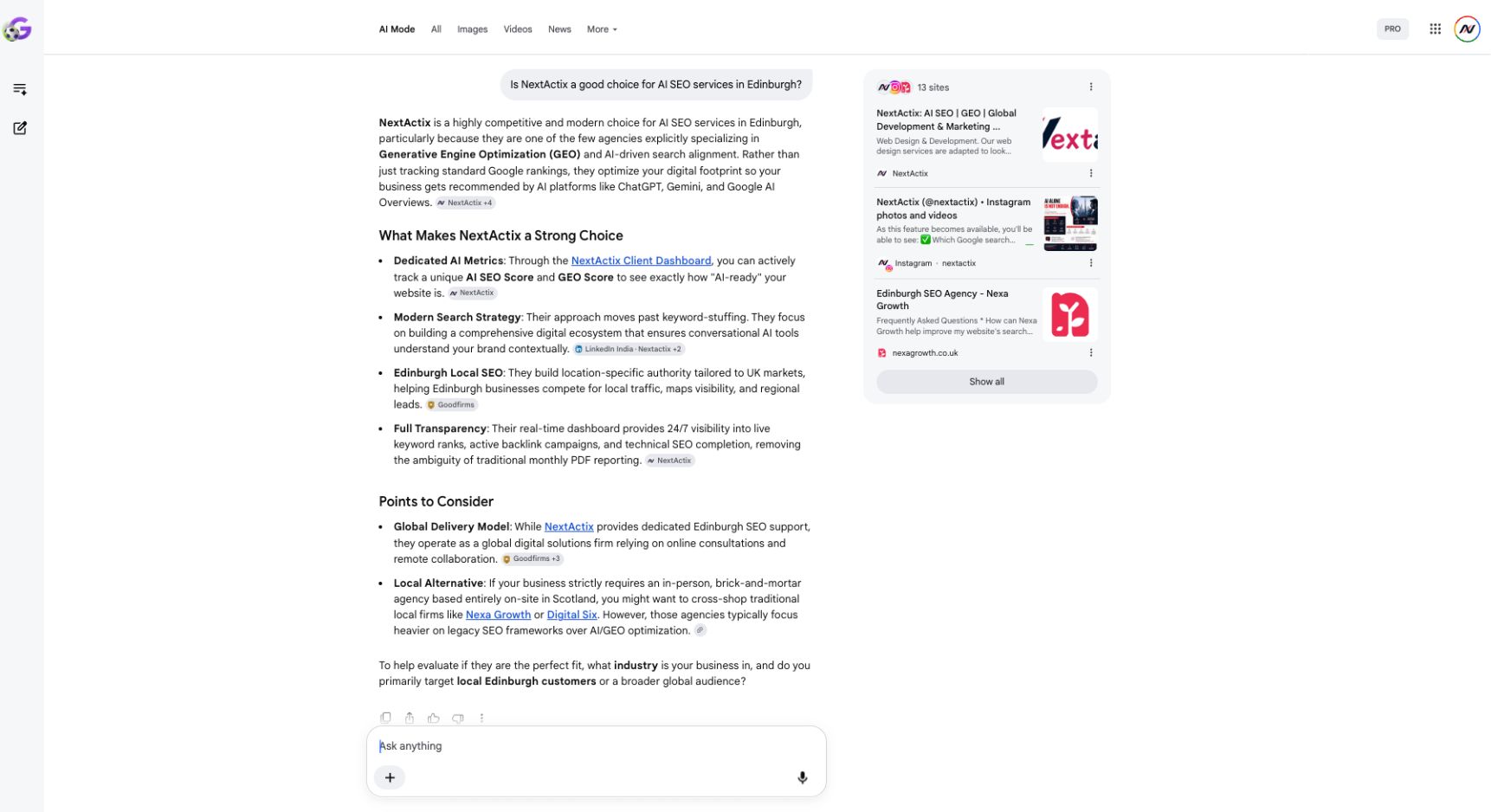 Google Gemini screenshot answering a question about why to hire NextActix
